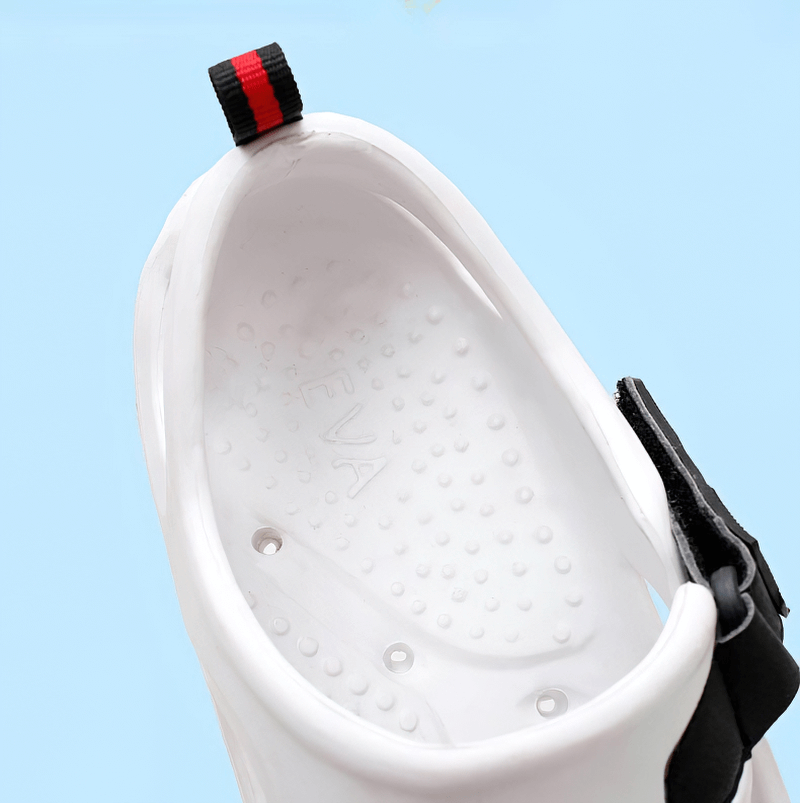 Top view of men's soft sole water sandal with convenient hasp and stylish EVA white upper.